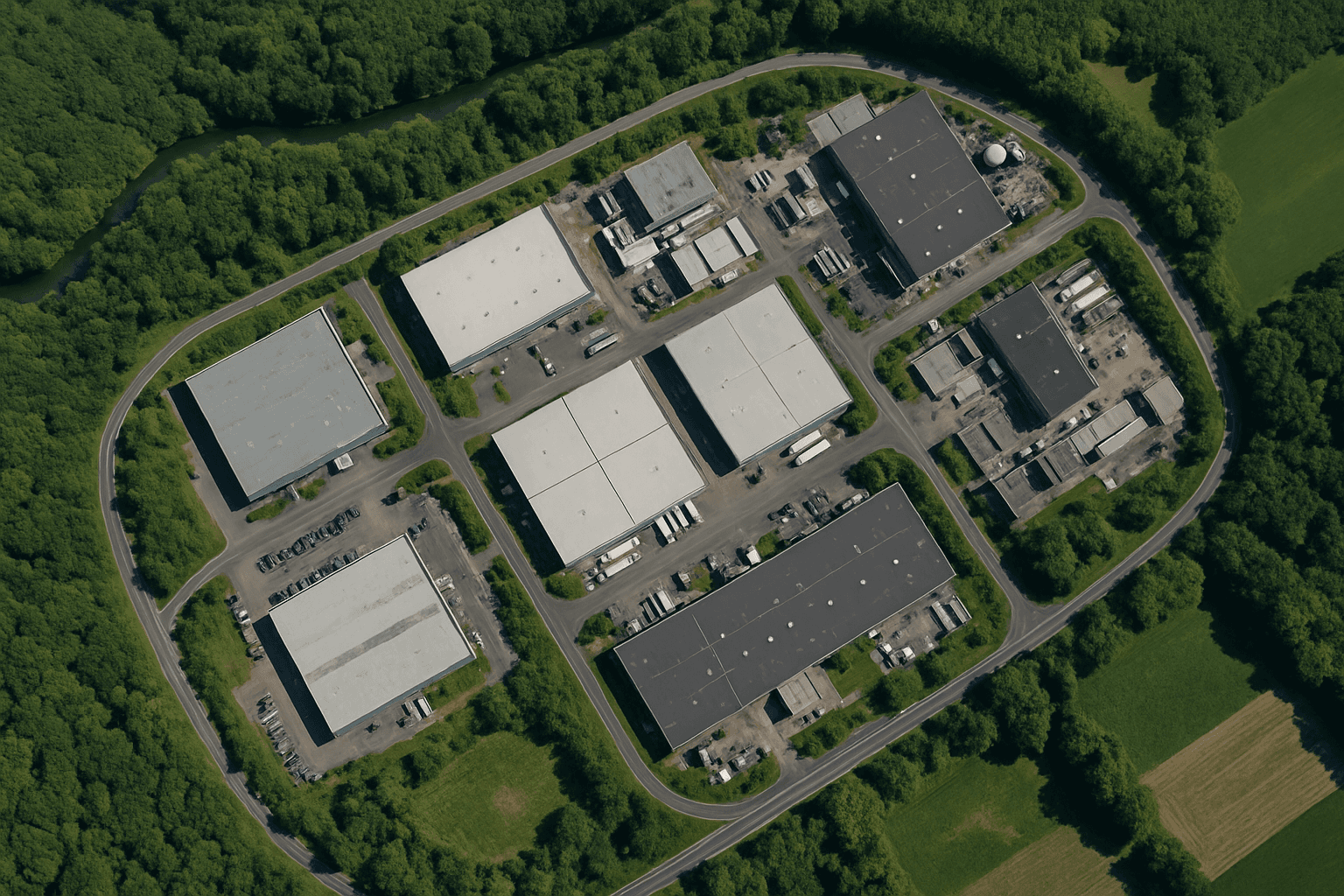 Aerial view of a rectangular industrial complex surrounded by trees and fields, featuring several large buildings.