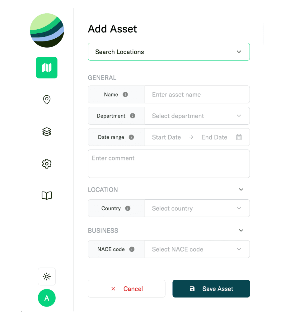 A add asset view that shows all inputs when adding an asset