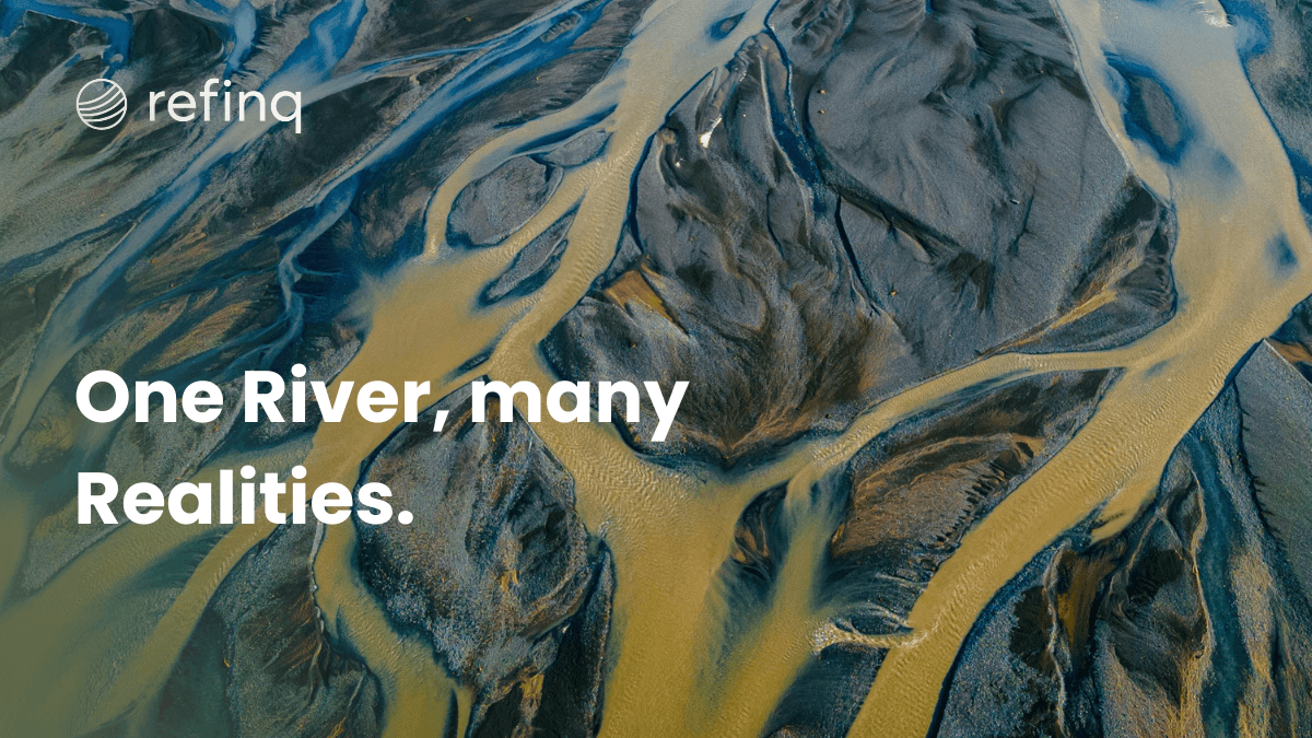 Aerial view of a braided river system flowing through dark rocky sediment, used as the cover image for refinq’s article “One River, many Realities” about climate risk, water management and adaptation in the Senegal River Basin.