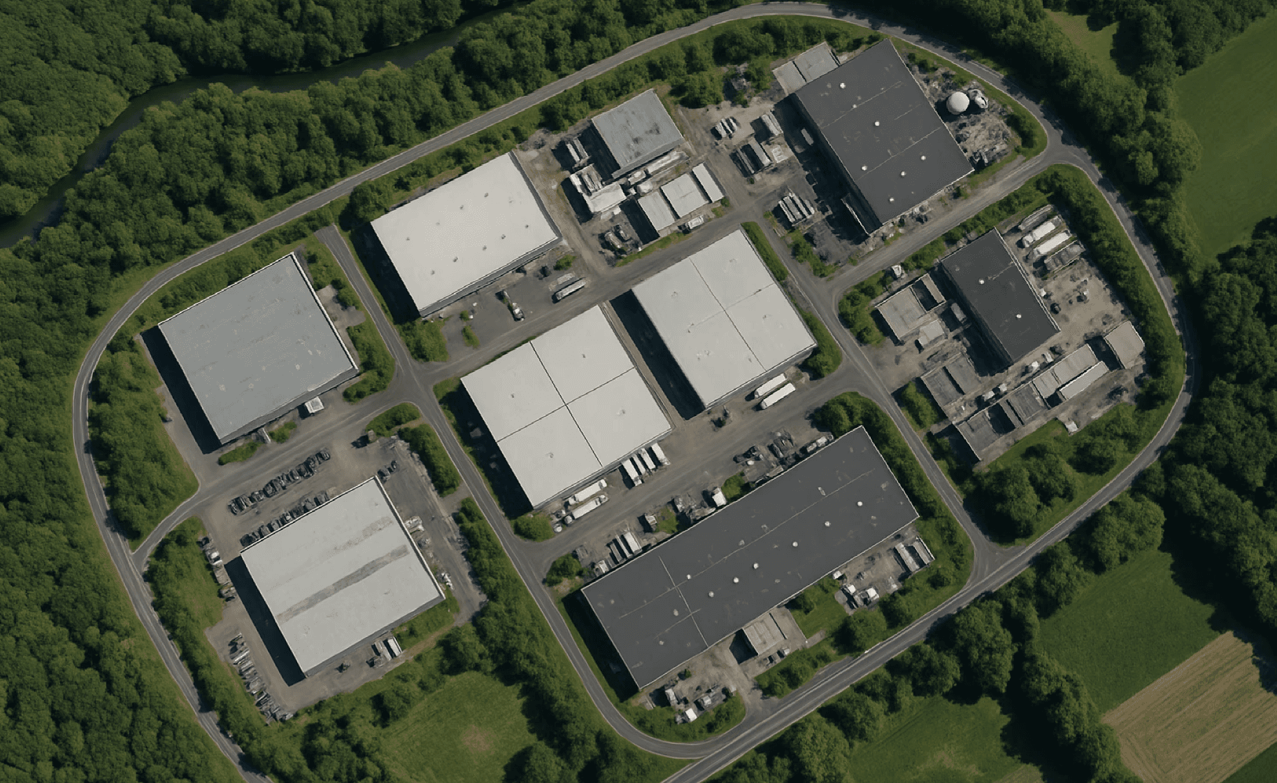 Air view of an industrial estate surrounded by forest